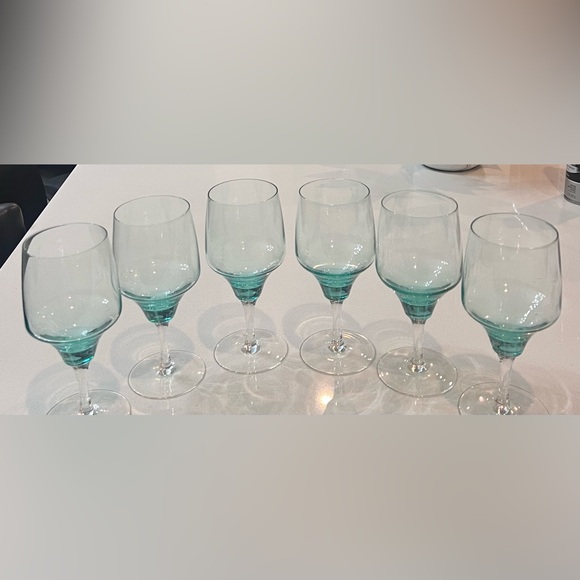 Vtg 1970s Sasaki Harmony Aqua‎ Hand blown Water Wine Glasses Japan Set Of 6